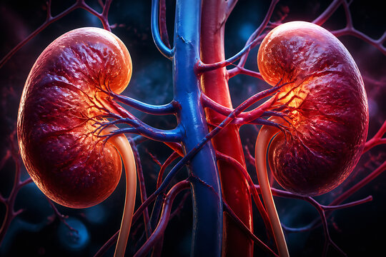 Two human kidneys are shown connected to major blood vessels in a dark, anatomical setting.