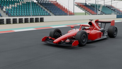 Obraz premium Red racing car and driver with helmet on race track, front side view