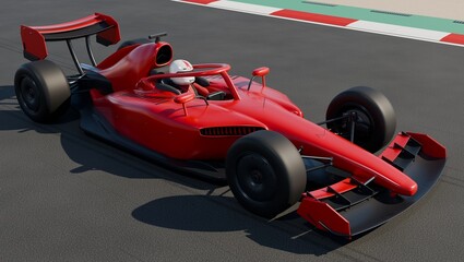 Obraz premium Red racing car with driver on asphalt circuit from elevated view