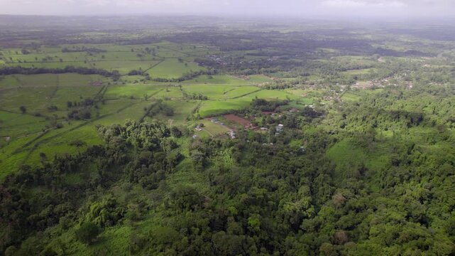 Rainforest gives way to green farmland near La Fortuna in Costa Rica under hazy sky, aerial panoramic overview