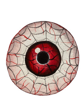 Hand-painted watercolor illustration of a creepy floating eyeball with a vivid red iris, black pupil and prominent bloodshot veins, isolated on transparent background