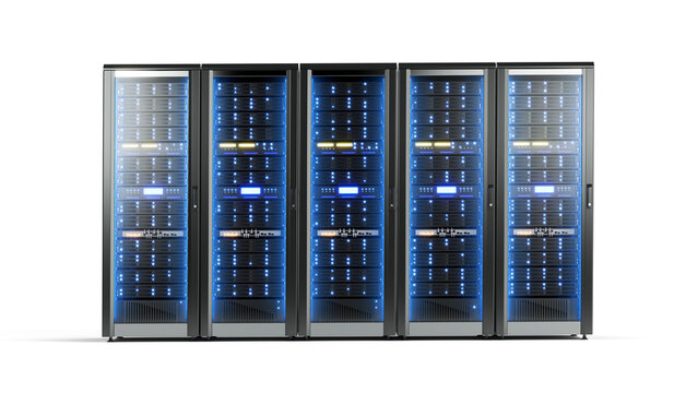 Black computer server rack towers isolated on transparent background - Cloud Computing, Artificial Intelligence, Database Concept - 3d illustration