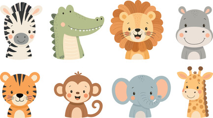 Fototapeta premium Cute safari animal face clipart set with zebra, crocodile, lion, hippo, tiger, monkey, elephant, and giraffe isolated on white background