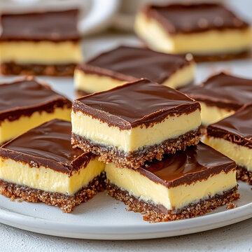 Delicious dessert bars featuring shiny dark chocolate ganache, a thick creamy yellow layer, and a textured crumb base, neatly arranged on a white plate