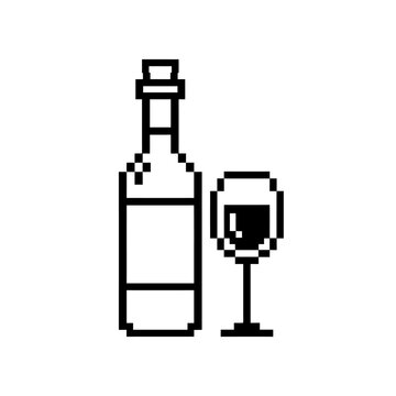 Pixel art wine bottle and glass silhouette.