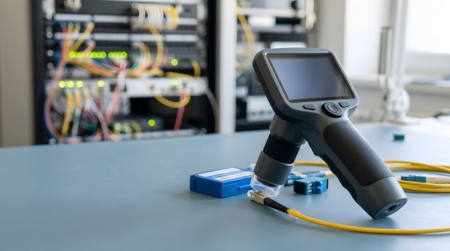 compact fiber optic connector inspection microscope for checking cable end faces, identifying contamination, verifying connections and maintaining network quality