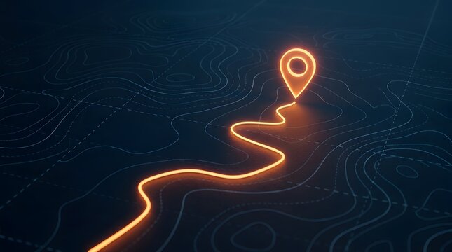 Glowing Orange GPS Location Pin and Route on Dark Topographic Map Background