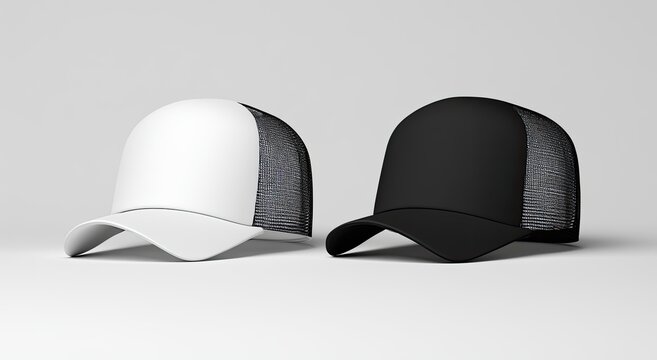 Two mesh-back baseball caps, one white, one black, on a light gray surface