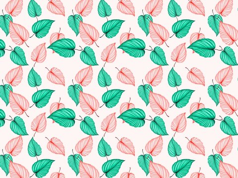 Seamless pattern tropical leaves, pink peach and green leaf on white background