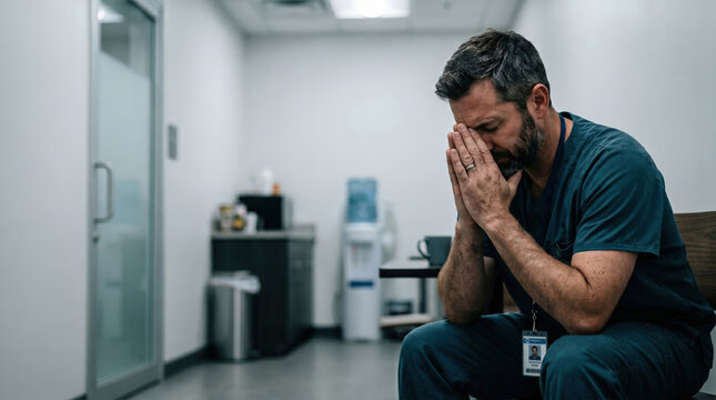 Stressed male nurse praying in hospital hallway. Worried healthcare worker seeking hope and spiritual support during shift. Mental burden and faith in medical profession concept.