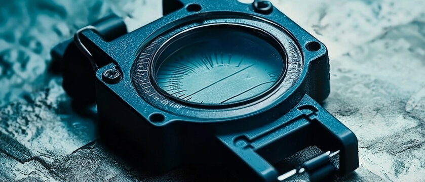 Detail of a dark, rugged device featuring a circular blue lens with internal radiating lines, resting on a textured, cool-toned surface