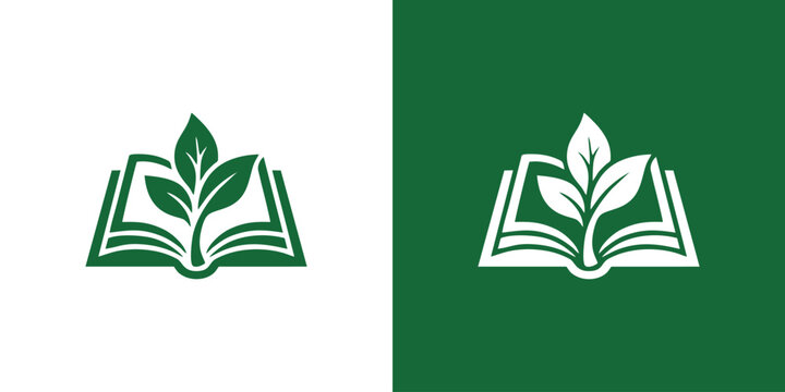 Minimalist green logo set featuring sprout growing from open book representing sustainable education and ecological knowledge growth