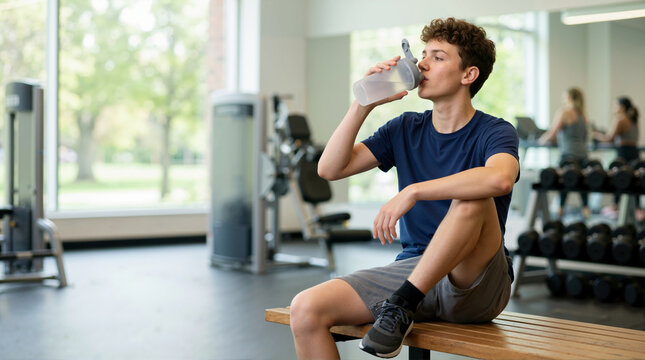 Teenager drinking protein shake on gym bench. Young athlete resting and hydrating with shaker bottle after fitness workout. Sports nutrition and active lifestyle concept