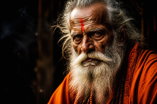 An elderly man with a long white beard and saffron robes, likely a sage or guru, is shown in a dimly lit setting.