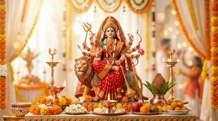 Fototapeta premium Goddess Durga idol riding a lion during Navaratri celebration, decorated altar with burning diya lamp, marigold garland, puja kalash offering, demonstrating holy Hindu festival tradition.