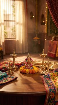 Goddess idol arrangement for Navaratri celebration, featuring brass diya oil lamp, marigold flower garland, decorated traditional ethnic textile fabric on wooden table during hindu festival puja.