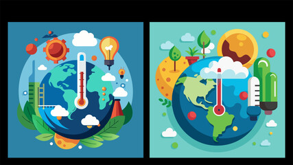 Fototapeta premium Global Warming Climate Change Concept Earth Thermometer Flat Vector Set 