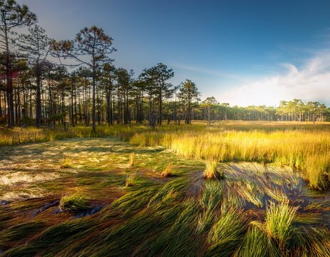 golden grasses sway gently under soft sunlight in a serene wetland surrounded by tall green longleaf pine trees creating a tranquil atmosphere