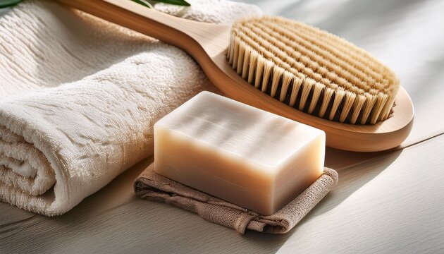 natural spa essentials wooden brush soap and linen towel