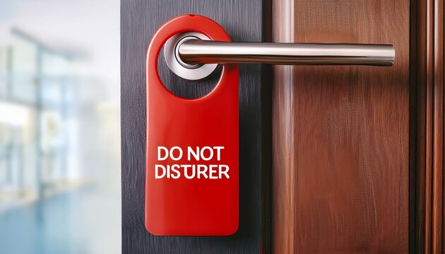 a red door handle hanger with white do not disturb text hanging on a modern door for privacy and hotel use