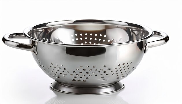 stainless steel colander with handles polished chrome kitchen strainer for pasta and vegetables professional metal food drainer on white background