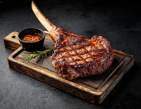 grilled tomahawk steak on dark background for food advertising