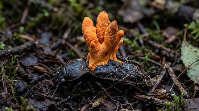 Cordyceps fungus growing from beetle, parasitic orange mushroom on insect host, entomopathogenic fungi in forest floor