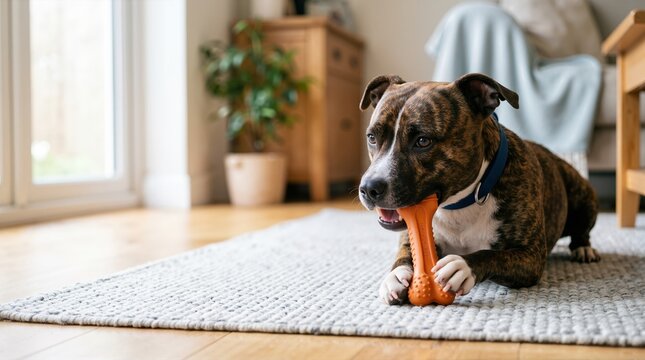 Staffordshire Bull Terrier gnawing on an orange rubber chew bone. Brindle dog lying on a rug playing with a toy indoors