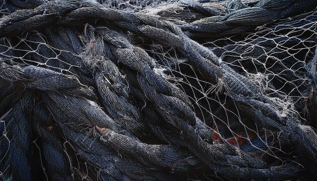torn black fishing net with frayed threads and loose strands showcasing damaged mesh structure and material fibers broken texture fabric rope close up detail abstract industry