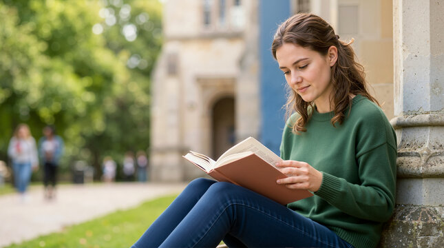 Young female student reading an open book on university campus. Woman sitting outdoors by a stone building studying. Education and International Youth Day concept