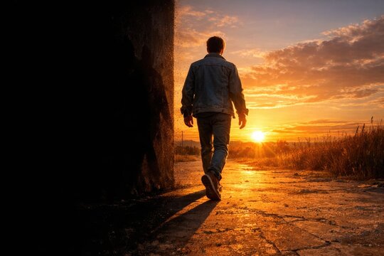 A person walking away from the camera at sunset, with warm golden light and long shadows