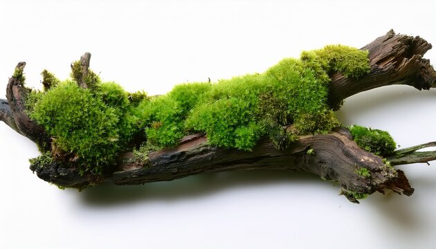 lush green moss covering a weathered broken tree branch isolated white background
