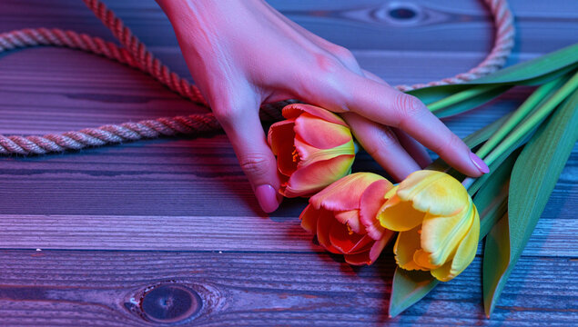 Hand Touching Fresh Tulip Flowers Table