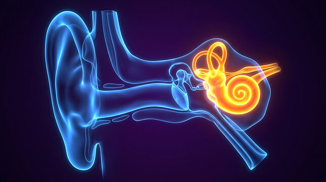 Anatomical 3D illustration of human inner ear structure highlighting the cochlea and pathways