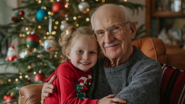 A senior man embracing his granddaughter in front of a decorated Christmas tree. The little girl and her grandfather are enjoying a festive holiday season together, expressing the warmth of family.