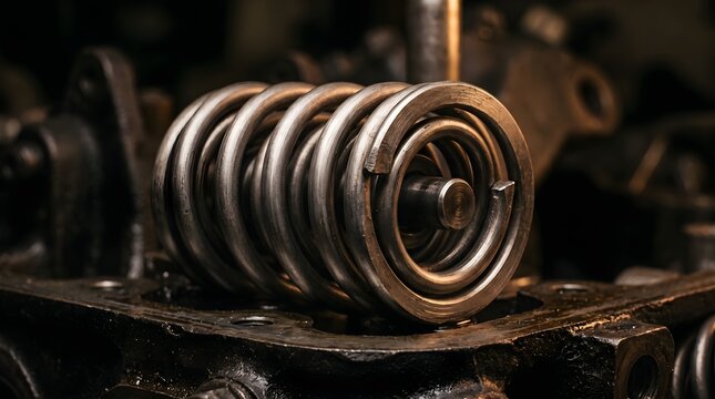Industrial steel valve spring on engine block, heavy duty metallic coil component, automotive mechanical part in workshop
