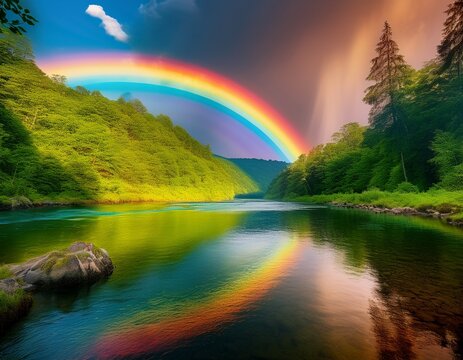 vibrant double rainbow arcs over lush green forested hills and calm river