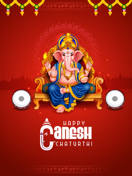 Happy Ganesh Chaturthi Festival Banner with Lord Ganesha and Colorful Indian Cultural Elements