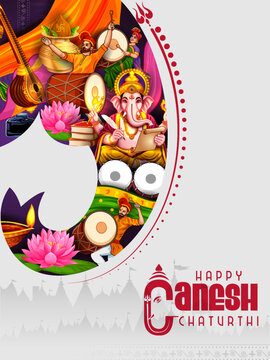 Happy Ganesh Chaturthi Festival Banner with Lord Ganesha and Colorful Indian Cultural Elements