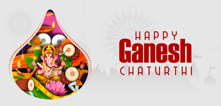 Happy Ganesh Chaturthi Festival Banner with Lord Ganesha and Colorful Indian Cultural Elements