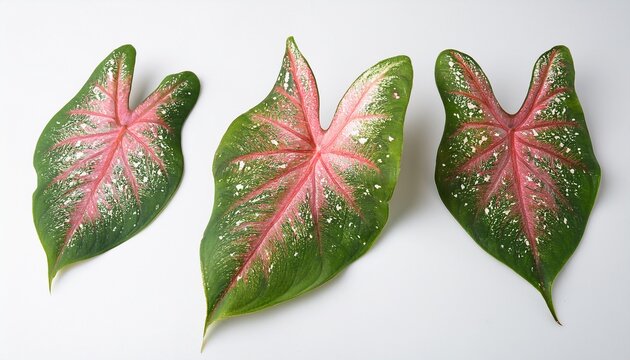 caladium bicolor leaf with pink speckles on white background tropical elephant ear foliage exotic heart shaped plant leaf for botanical design
