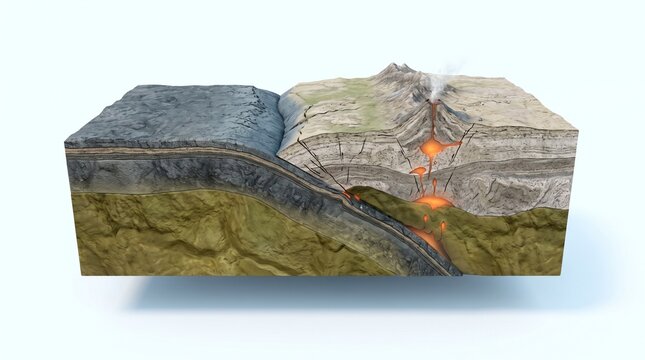 Cross section illustration showing tectonic plate subduction process creating volcanic activity and crustal deformation within the Earths lithosphere