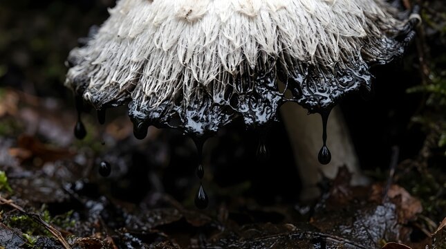 Shaggy ink cap mushroom dripping black liquid, Coprinus comatus fungus in forest, decaying inkcap with dark droplets
