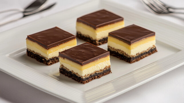 Four square layered desserts featuring glossy chocolate tops, creamy fillings, and a dark crumb base on a white plate