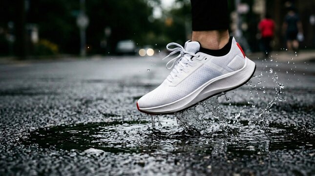 White running shoe splashing in puddle on asphalt road