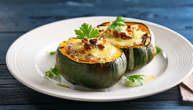 roasted acorn squash half stuffed with savory filling topped with melted cheese and fresh herbs presented in a white ceramic dish on a wooden table
