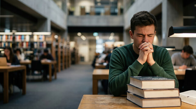 Man praying with hands clasped in quiet library. Student seeking guidance while studying. Religious meditation and spiritual reflection in academic environment. Focus and hope concept.