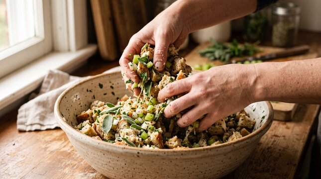 Hands mixing seasoned bread stuffing ingredients in bowl for Thanksgiving turkey