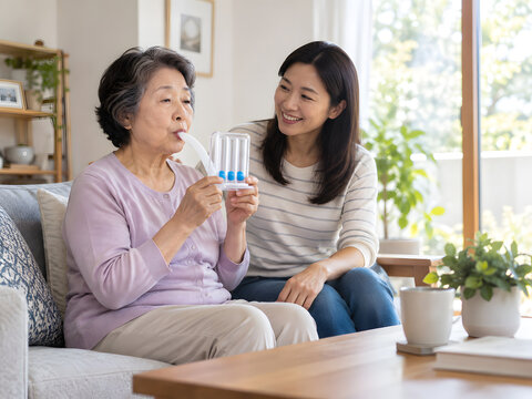 Older Asian woman using an incentive spirometer during home recovery with her daughter nearby