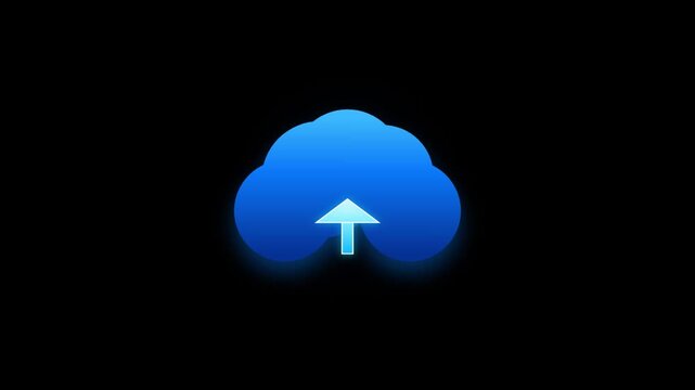 Cloud upload icon with glowing blue light and pulsing arrow motion graphic on black background clip.